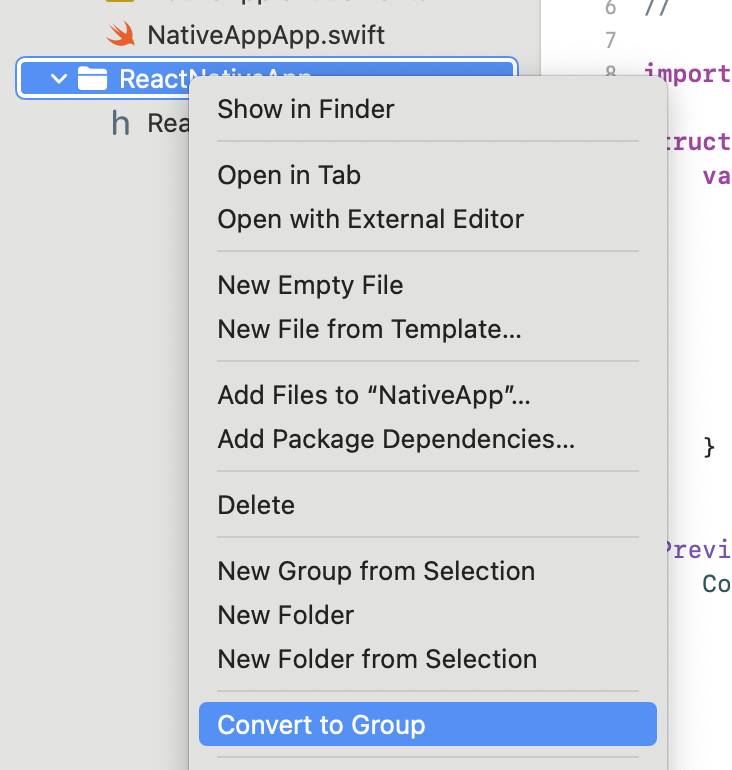 The menu that appears when user right clicks on the generated framework folder